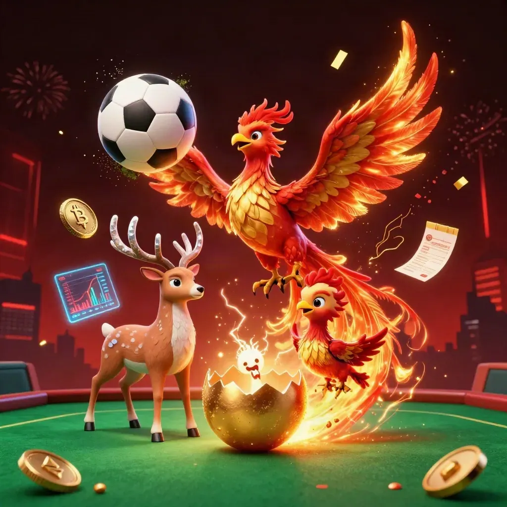 Phoenix, stag and hatching chick amid coins, balls, sparks and neon casino energy.