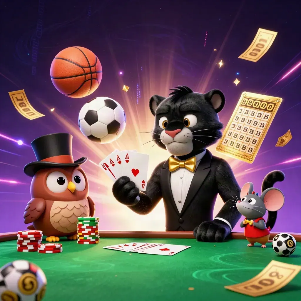 Panther, owl and mouse casino key art with balls, chips and neon energy.