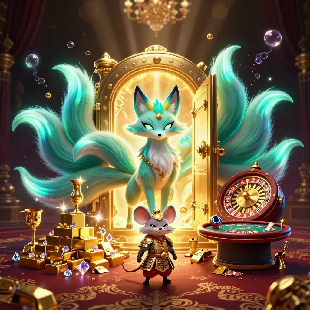 Fox spirit and samurai mouse amid a glowing vault, gold, gems, and casino lights.