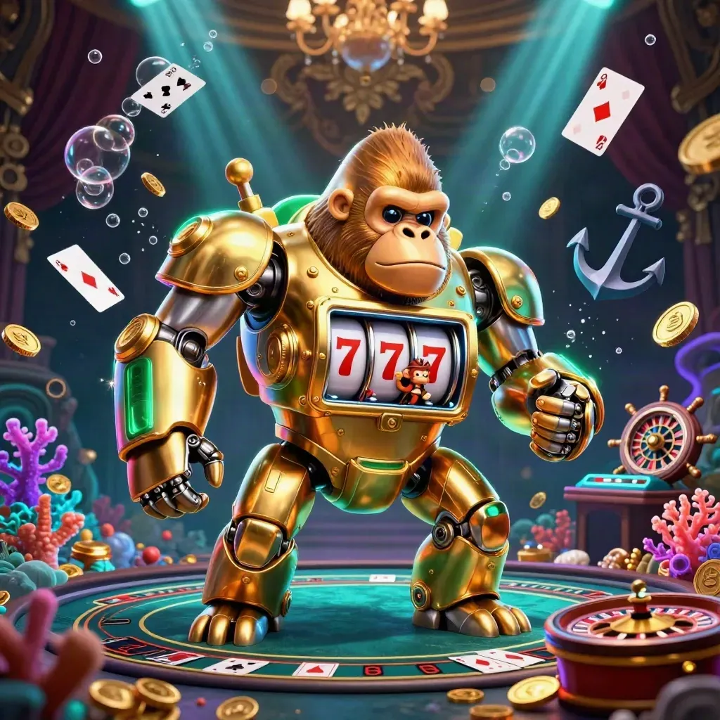 Golden gorilla mech and monkey pilot amid a treasure cove, roulette spin, and chandelier glow.