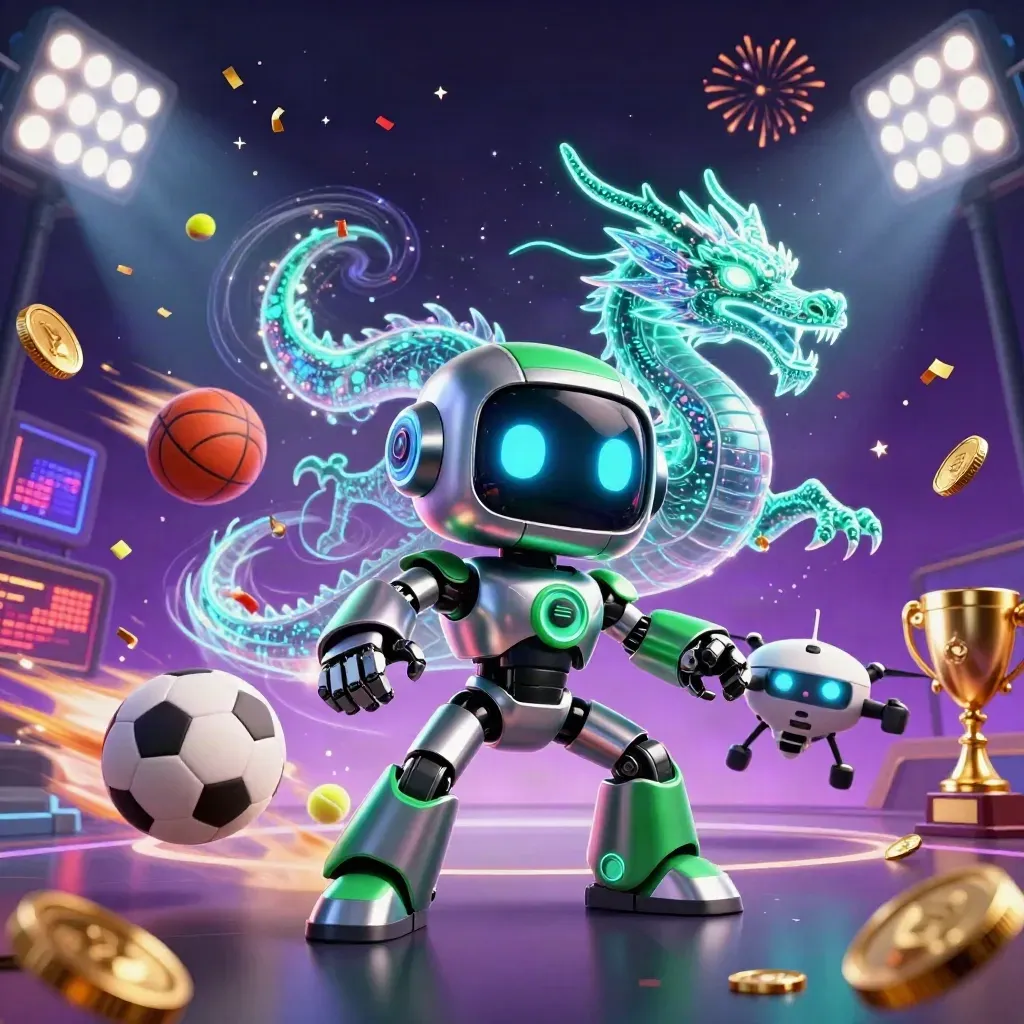 Robot, holographic dragon, and coin drone amid balls, trophy, coins, and casino lights.