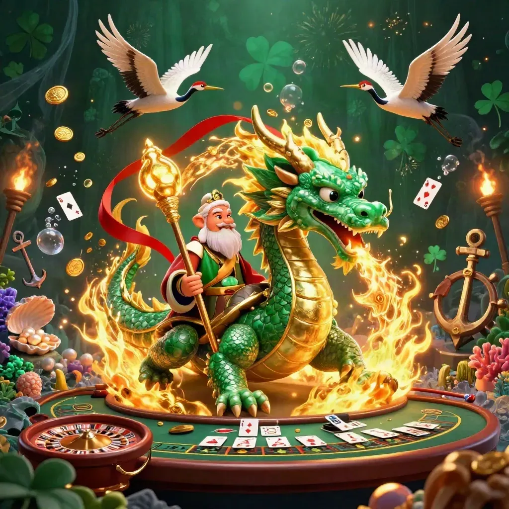Jade dragon, turtle sage, and cranes amid casino treasure, coins, cards, roulette wheel, and glowing lights.