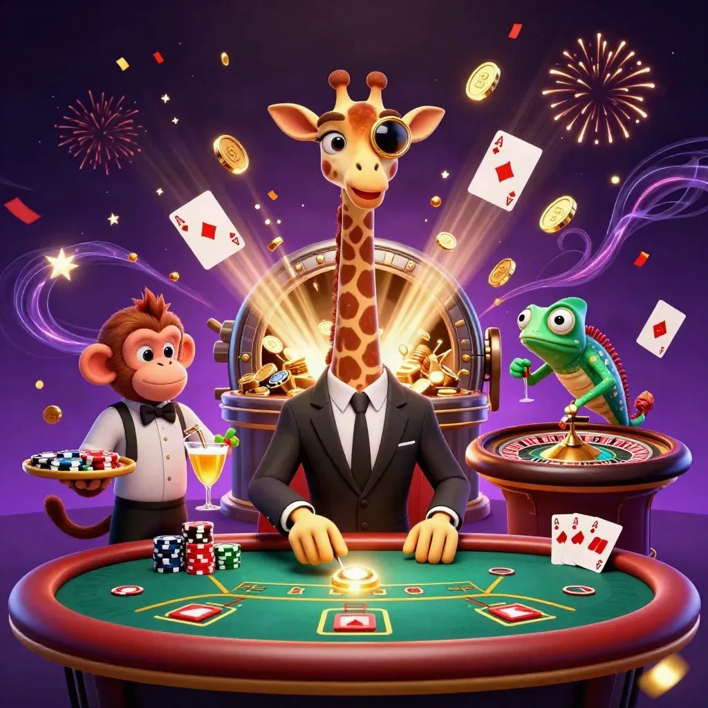 Giraffe, monkey, and chameleon celebrate amid casino chips, coins, fireworks, and a spinning roulette wheel.
