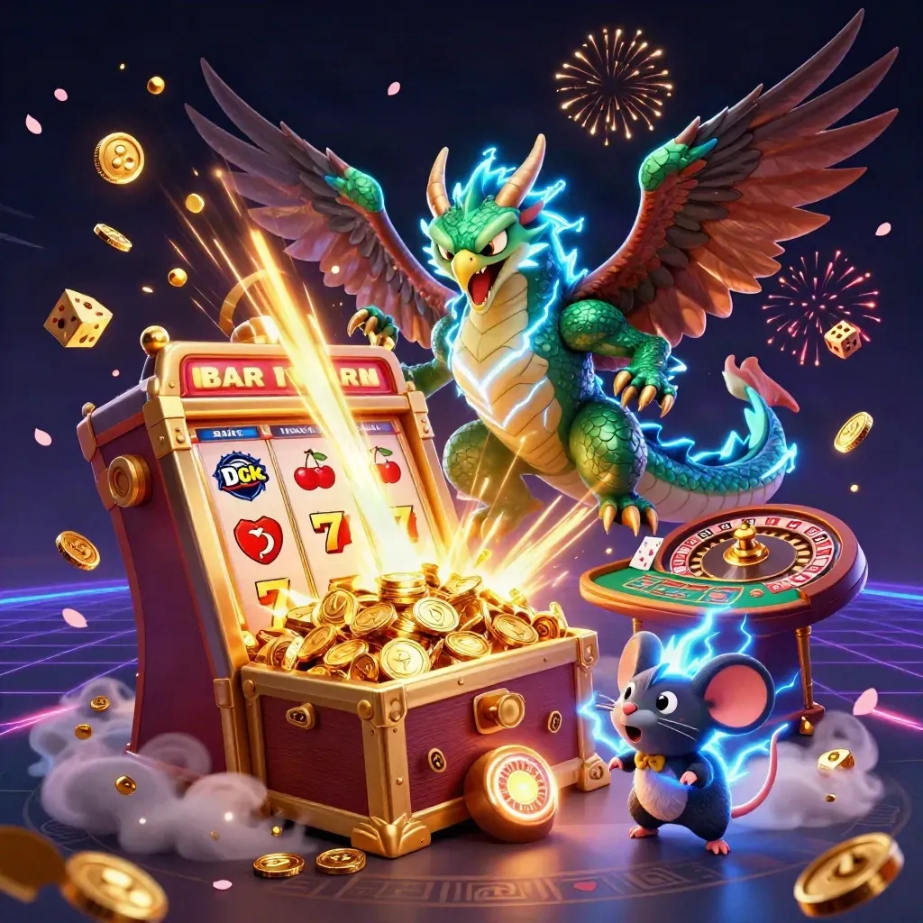 Thunder dragon, wind hawk, and thunder-mouse amid casino treasure, roulette wheel, and jackpot bursts.