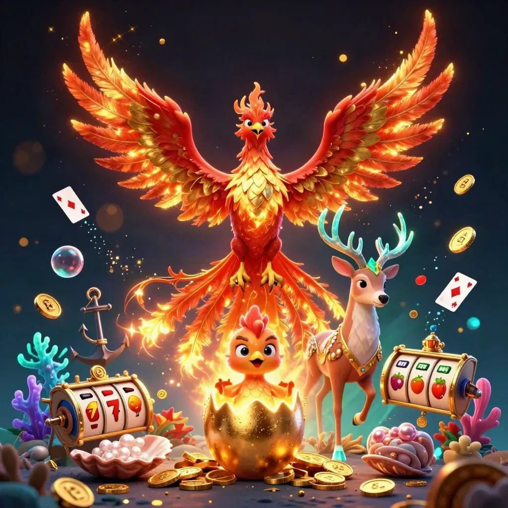 Phoenix, baby phoenix, and crystal stag amid casino treasures and glowing particles