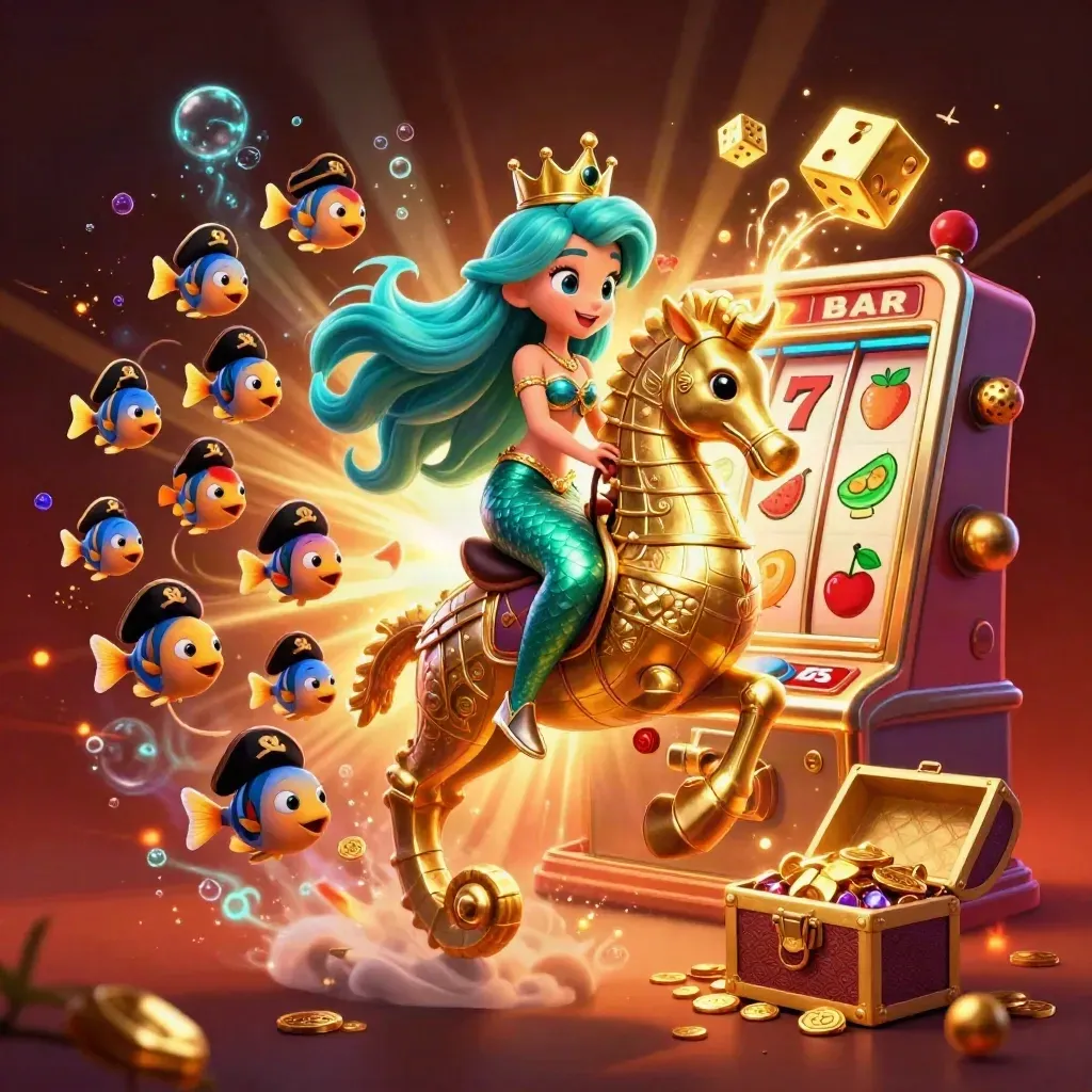 Mermaid princess on an armored seahorse amid slot symbols, gold coins, and glowing fish in a dark casino sea.